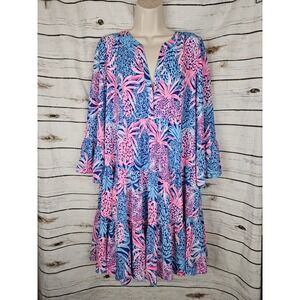 Lilly Pulitzer Gabriel Swing Dress 14 Borealis Blue Tropic Bell Sleeves Ruffle